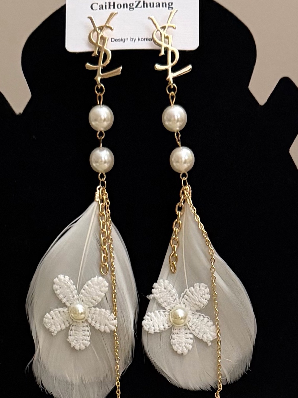 White Feather & Pearl Statement Earrings